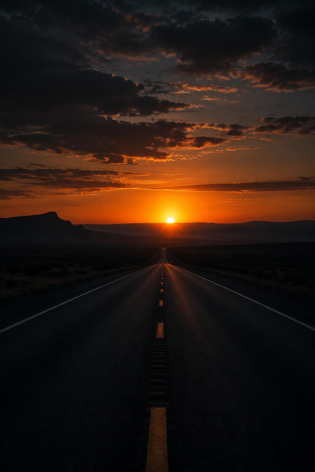 An open American highway leading into sunrise